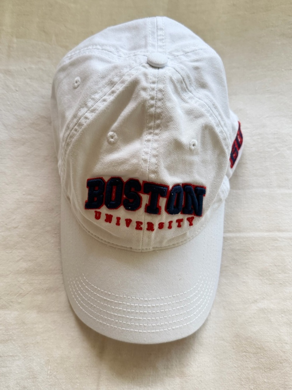 Legacy White Boston University Baseball Cap with Red and Navy Embroidery